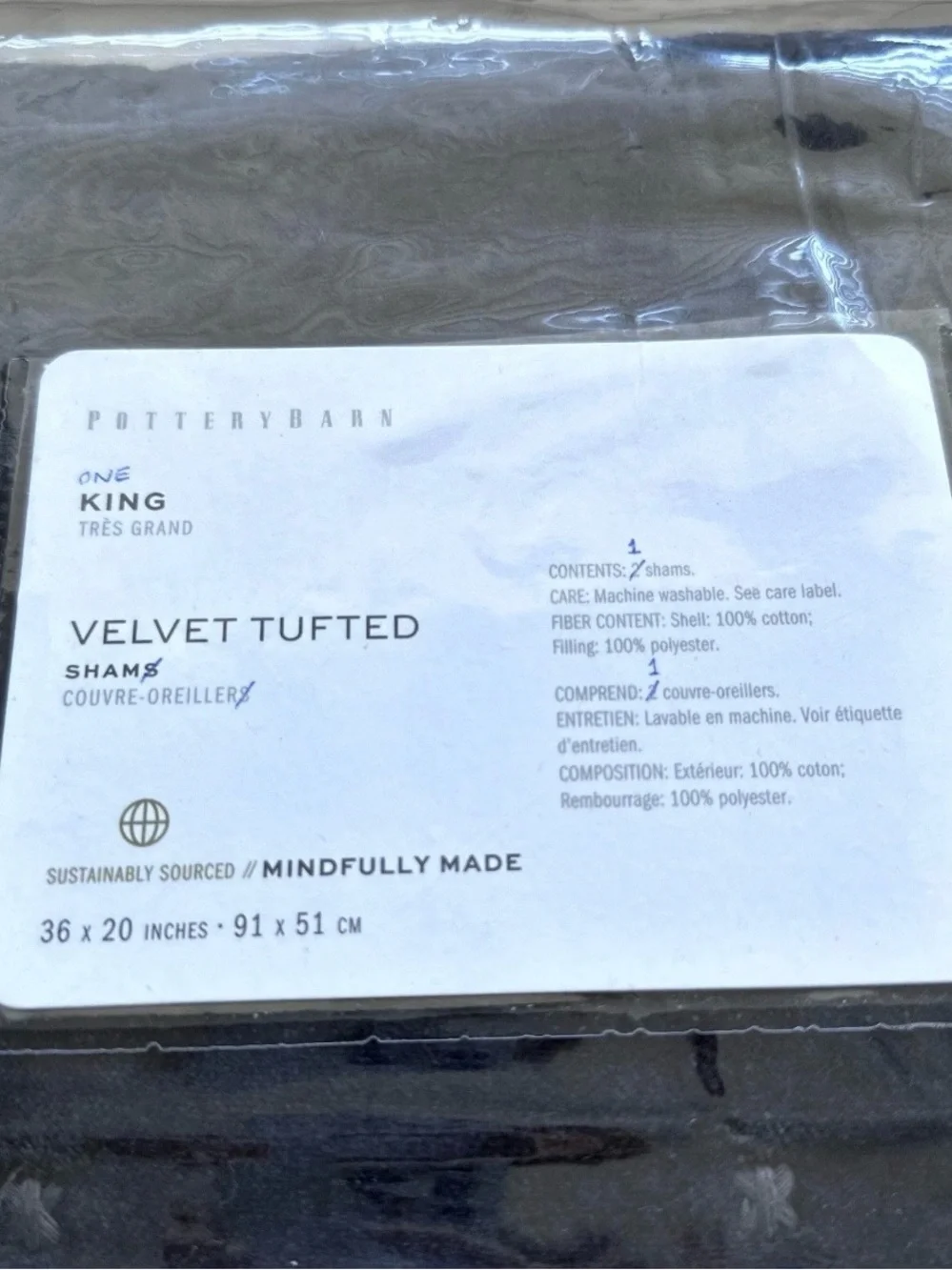 1 NEW Pottery Barn Velvet Tufted Quilted KING Pillow SHAM Dark Blue Raw Edge